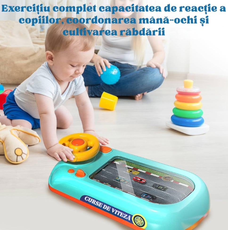 Jucarie Interactiva volan de condus cu circuit curse, sunete si functii, alimentare USB, pentru Copii 3-6 Ani