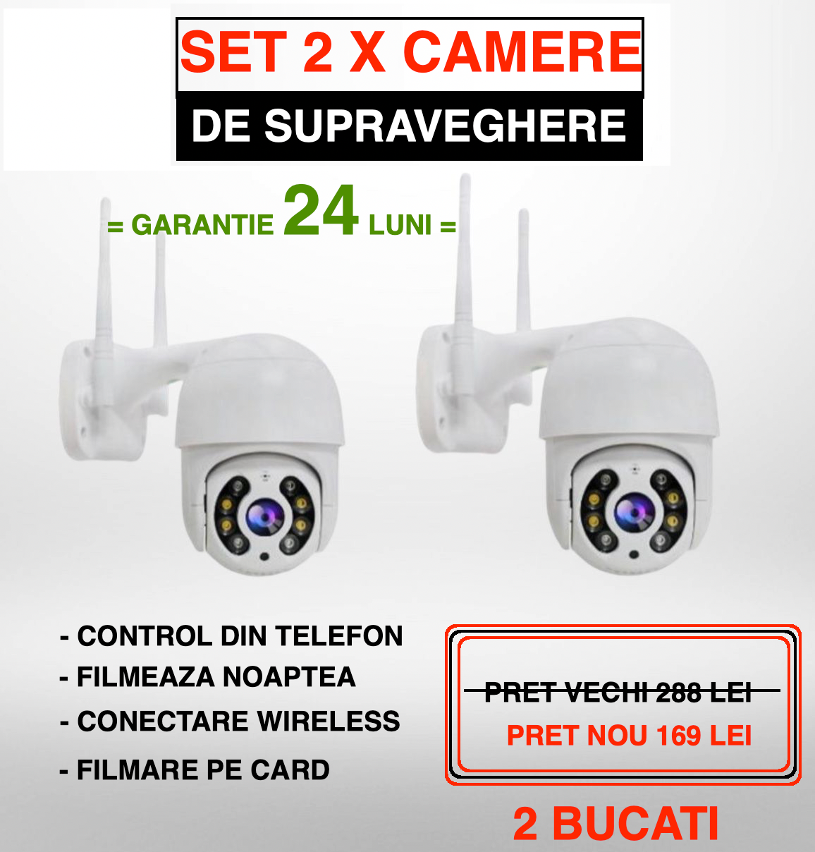 Set 2 x Camera de Supraveghere WIFI, interior exterior, rotire 360 grade, vedere nocturna