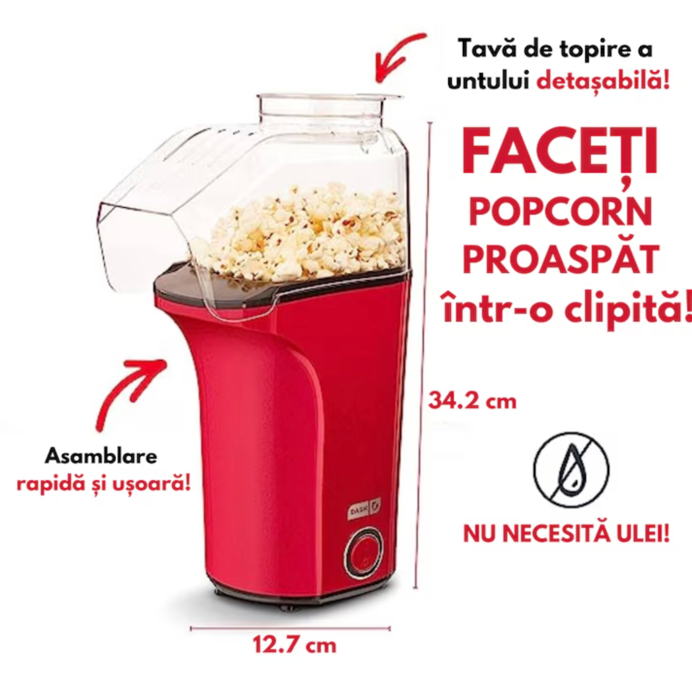 Aparat cu Aer Cald de facut Popcorn, Gata in max. 3 min, 1200W, Recipient dozator Boabe, Rosu.