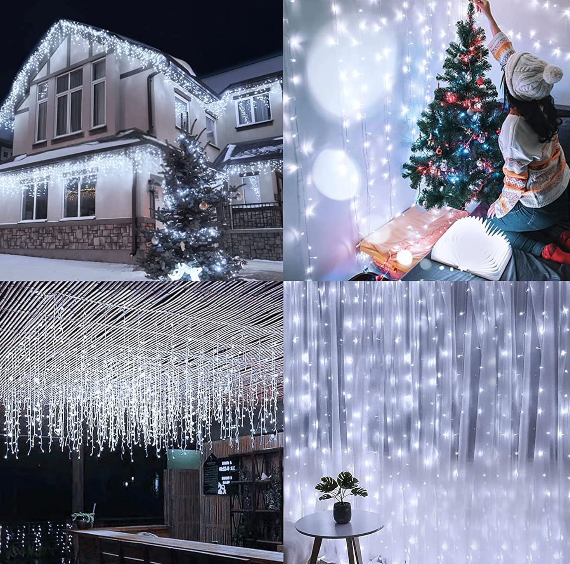 1+1 Gratis: Instalatie de Craciun AR, Tip Turturi, 8 Jocuri de Lumini, Interior sau Exterior, 12m Alb Rece, Interconectabila