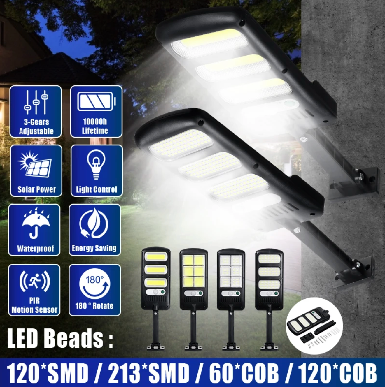 Set 5 x Lampa solara 8 celule, cu incarcare solara, 100W, 160 LED-uri COB, telecomanda