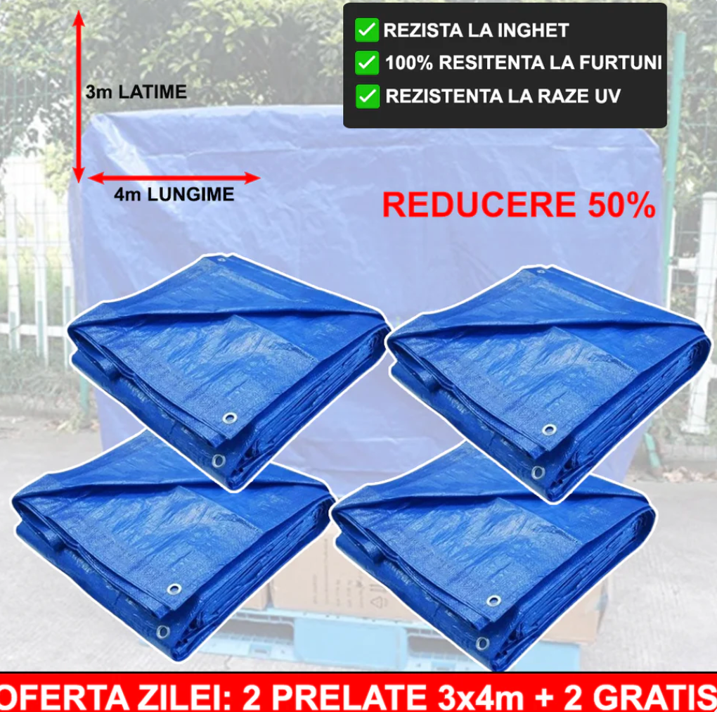 2+2 GRATIS: Prelata Super Rezistenta Pentru Ploaie si Acoperit Suprafete, 3x4 m
