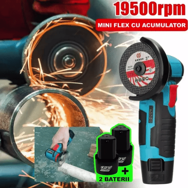 Mini Polizor Unghiular Electric cu 2 Acumulatori si 2 Discuri,Flex Portabil, 12V, Disc 76MM