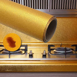 Set 2 folii de aluminiu autoadeziva bucatarie, Kitchen Foil AURIU/ ARGINTIU, 60 x 300 cm fiecare